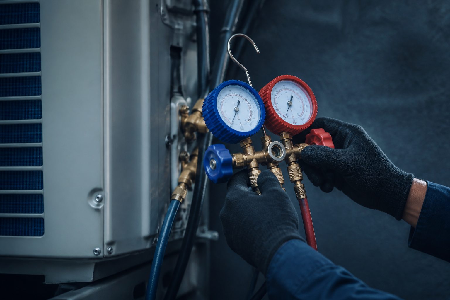 Hands with HVAC gauges on condenser