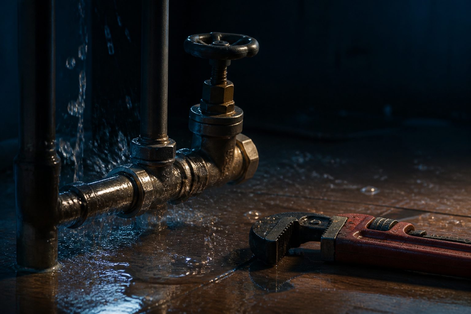 Leaking pipe with wrench on wet floor