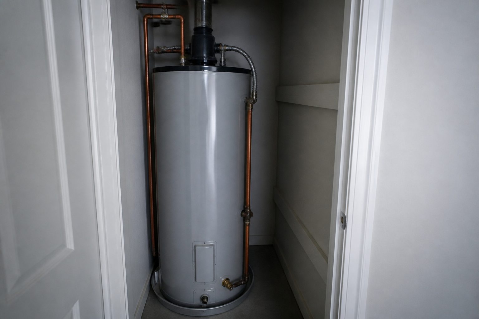 Residential water heater in utility closet