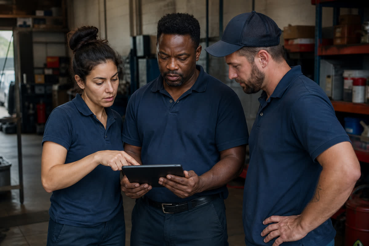 Crew reviewing jobs on a tablet
